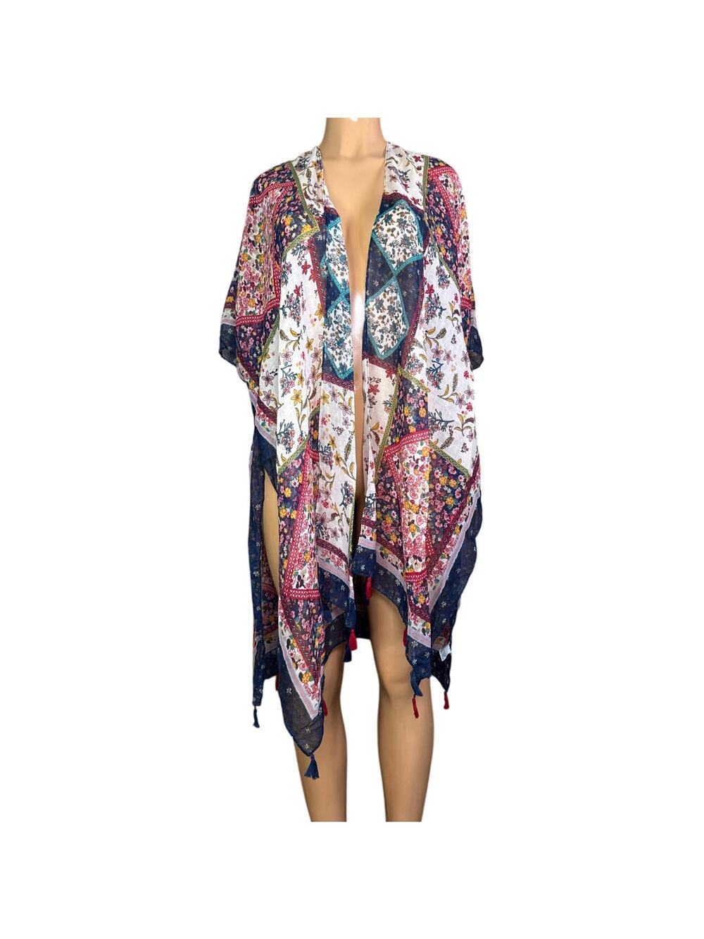 Nostalgia Quilted Long Duster Kimono Tassel Hem One Size